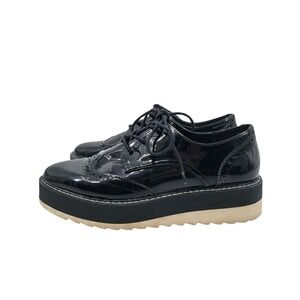 Zara Platform Oxfords Women 37 Black Patent Brogue Wingtip Chunky Sole